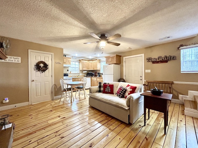 living room with a wealth of natural light, ceiling fan, a textured ceiling, and light wood-type flooring