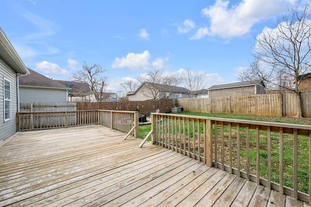 wooden deck with a fenced backyard