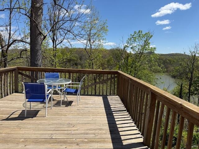 430 Lost Lodge Rd, Somerset, KY 42501 - wooden terrace with outdoor dining space, a water view, and a forest view