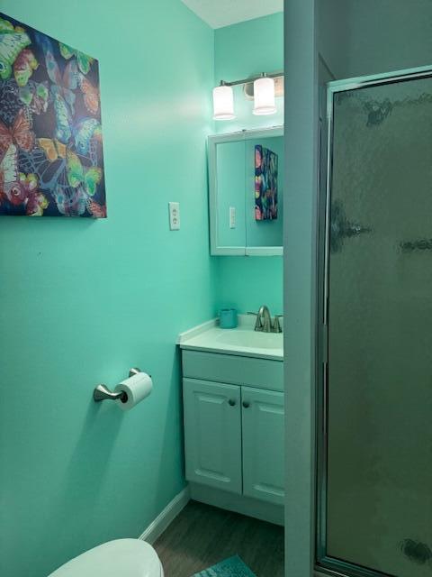 430 Lost Lodge Rd, Somerset, KY 42501 - full bathroom featuring a shower stall, vanity, toilet, wood finished floors, and baseboards