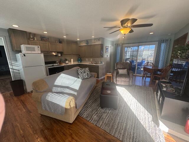 living room with dark hardwood / wood-style floors and ceiling fan