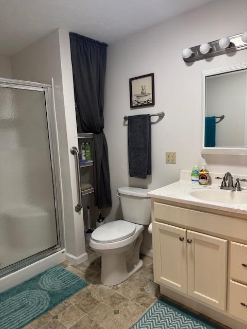 bathroom with toilet, a stall shower, and vanity