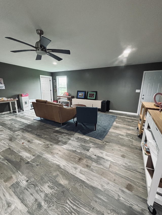 living room with ceiling fan and hardwood / wood-style flooring