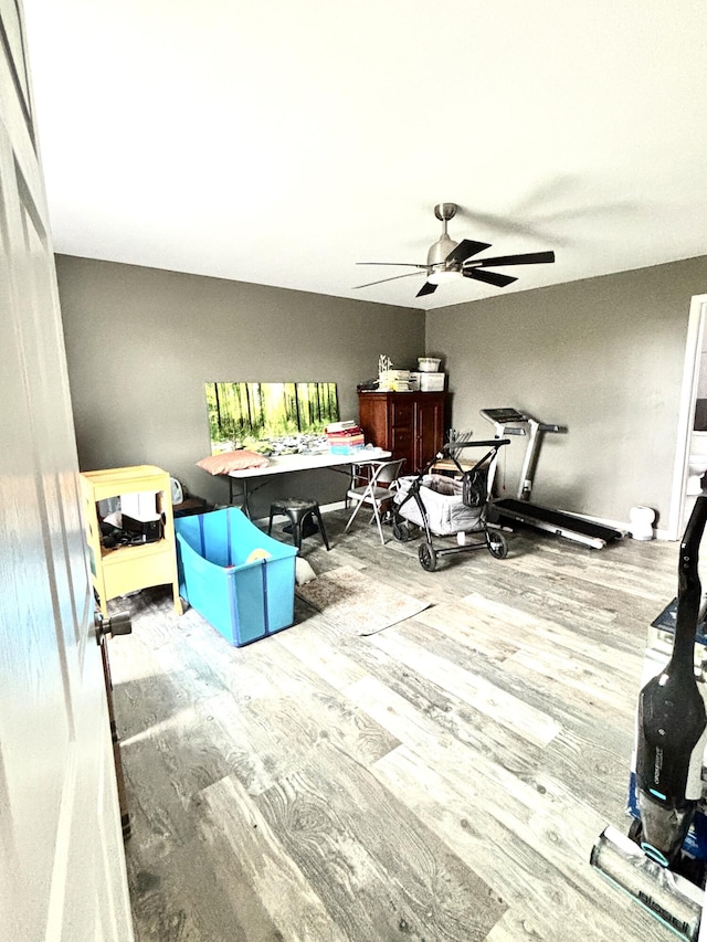 interior space featuring ceiling fan and wood-type flooring