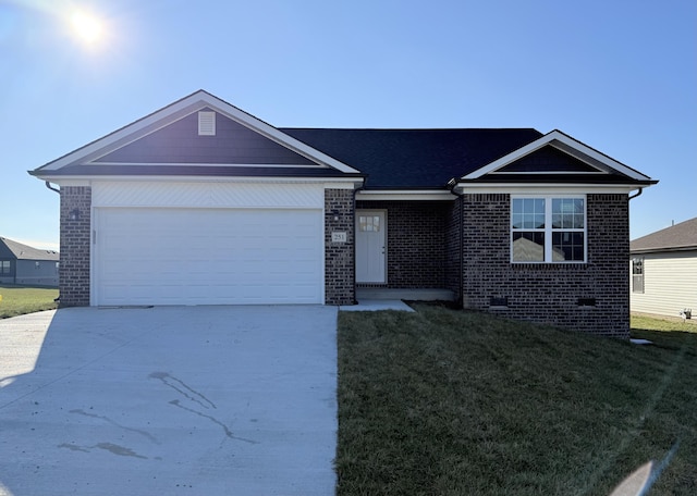 single story home with a front yard and a garage