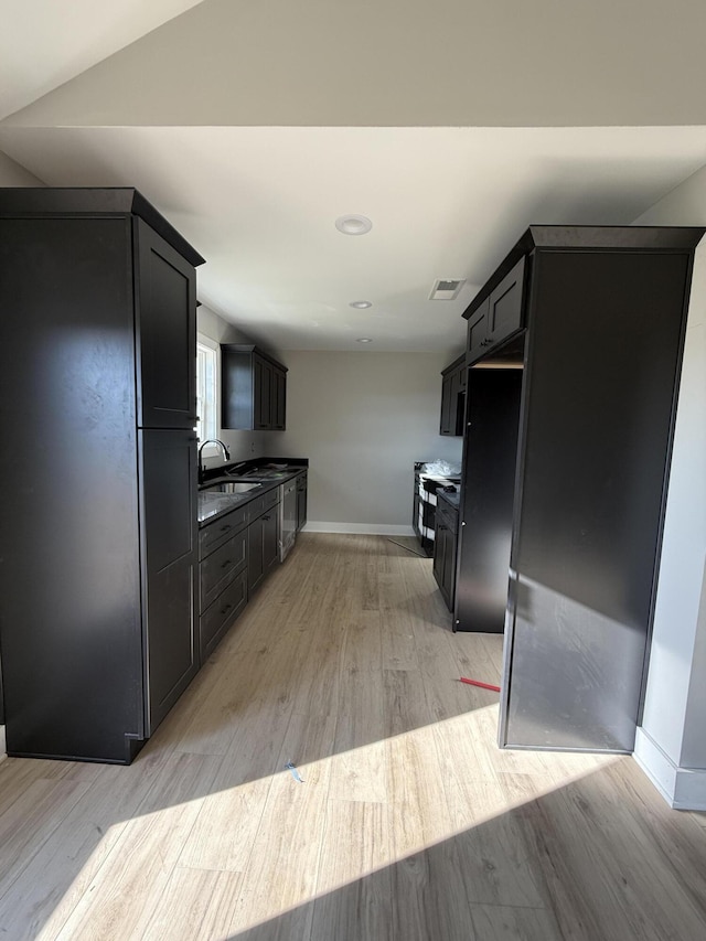 kitchen with light hardwood / wood-style floors, black fridge, and sink