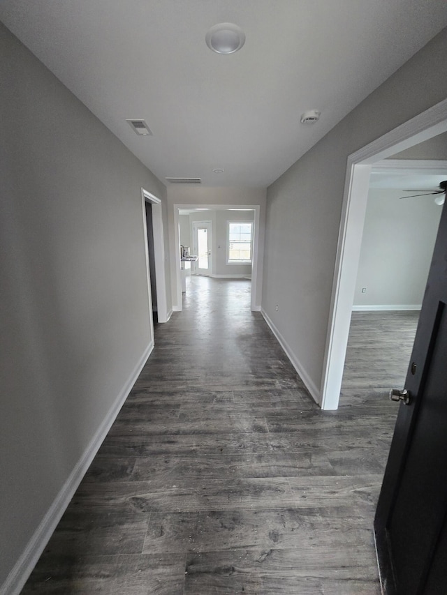 hallway with dark hardwood / wood-style flooring