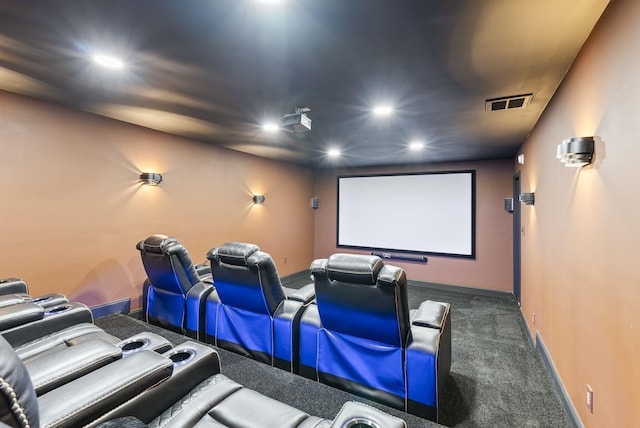 home theater with dark carpet