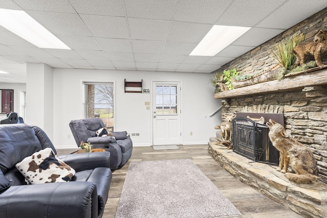 living room featuring a stone fireplace and light wood-type flooring