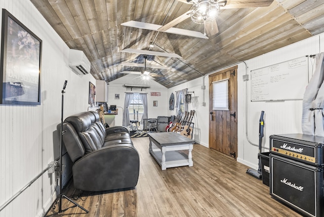 living room featuring ceiling fan, hardwood / wood-style floors, wood ceiling, and a wall mounted air conditioner