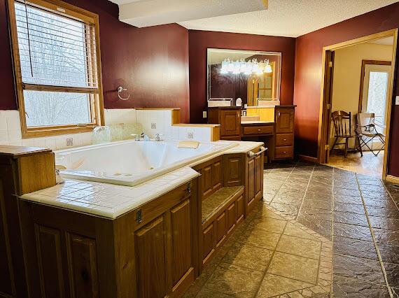 bathroom with a washtub and vanity