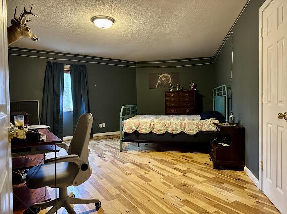 bedroom featuring light hardwood / wood-style flooring and a textured ceiling