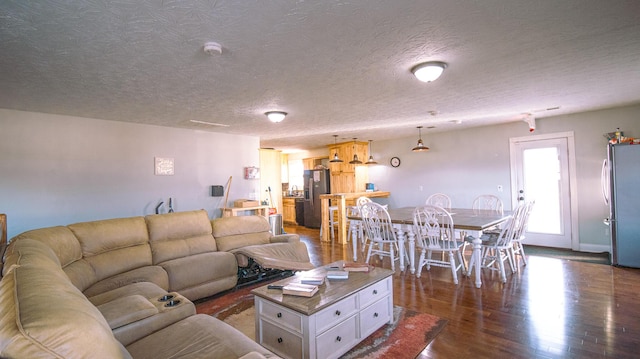 living room with dark hardwood / wood-style floors and a textured ceiling