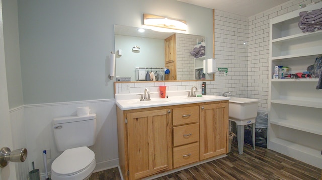 bathroom with toilet, vanity, wood-type flooring, and tasteful backsplash