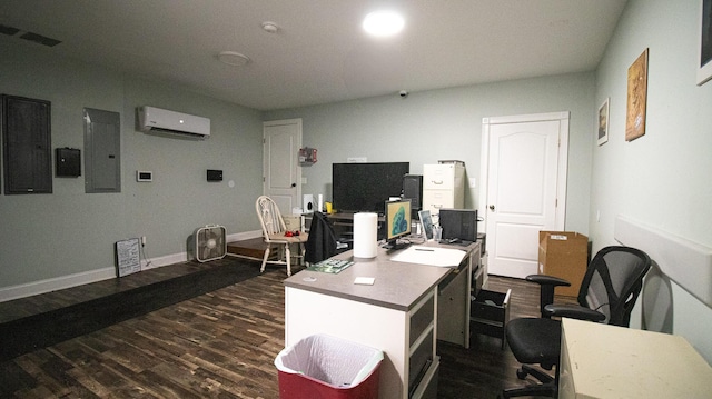 office with an AC wall unit, electric panel, and dark hardwood / wood-style flooring