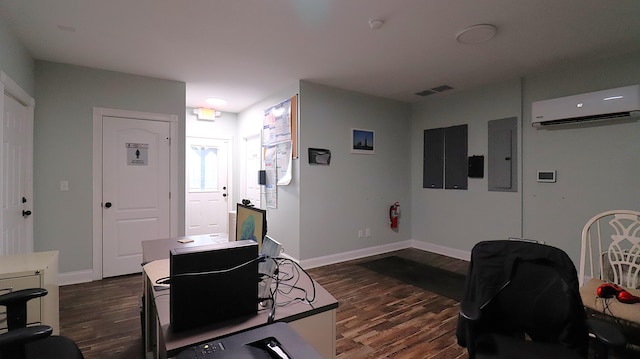 home office featuring electric panel, dark hardwood / wood-style flooring, and an AC wall unit