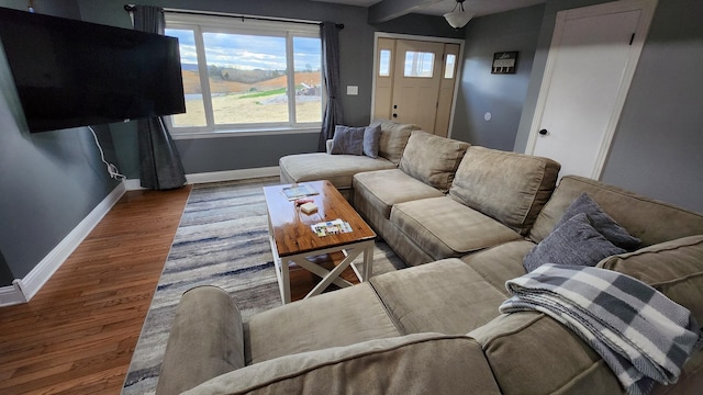 living room featuring hardwood / wood-style floors and beamed ceiling