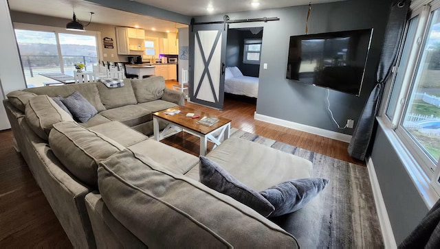 living room with wood-type flooring and a barn door