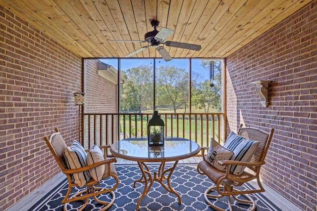 sunroom with ceiling fan and wooden ceiling