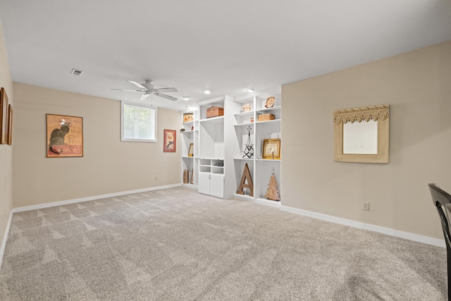 recreation room featuring carpet flooring and ceiling fan