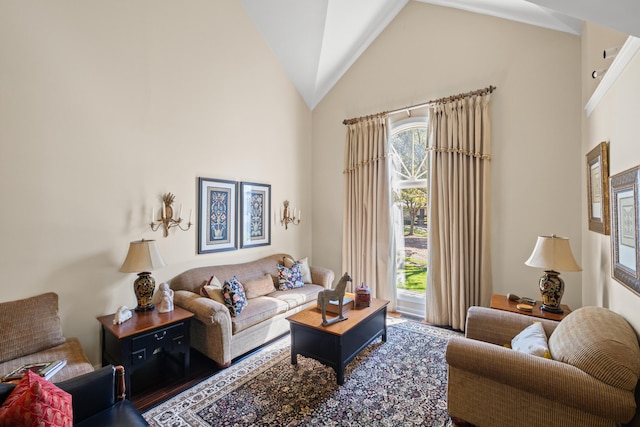 living room with high vaulted ceiling