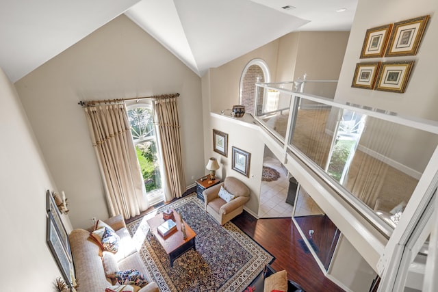 living room with hardwood / wood-style flooring and lofted ceiling