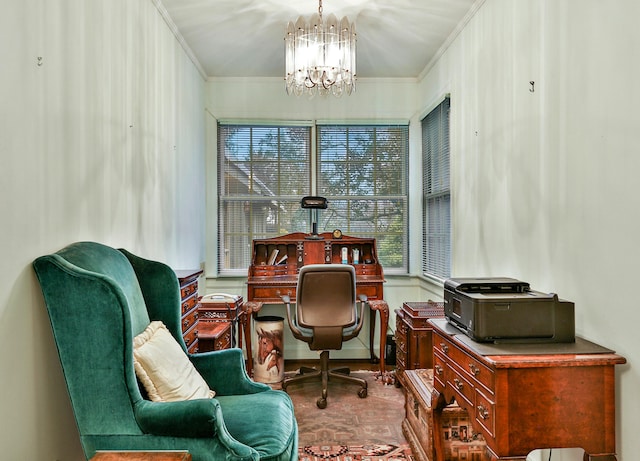 office area featuring crown molding and a notable chandelier