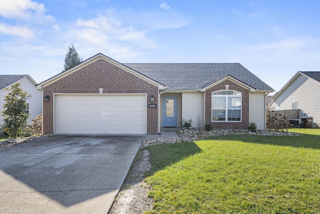 ranch-style house with a garage and a front lawn