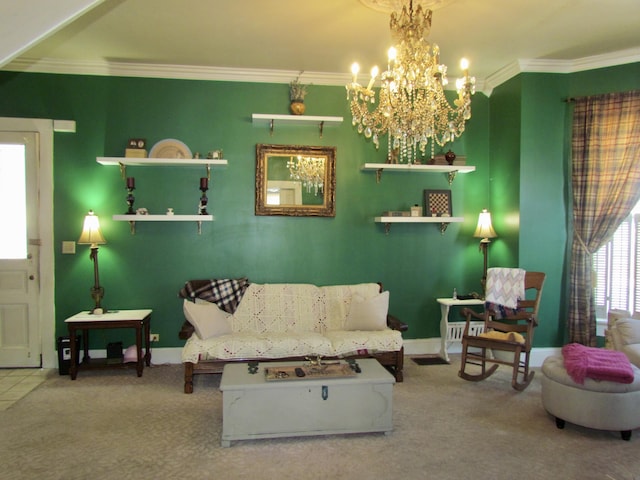 living room featuring crown molding, carpet flooring, and an inviting chandelier