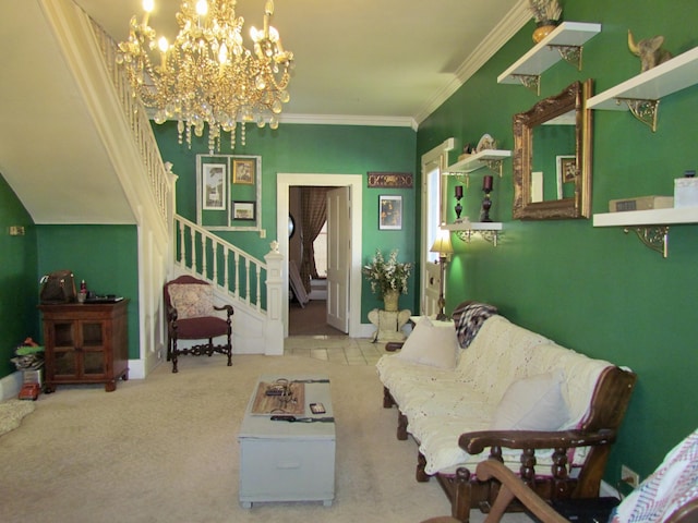 sitting room featuring crown molding and light colored carpet