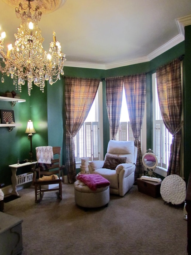 living area with crown molding, a chandelier, and carpet flooring