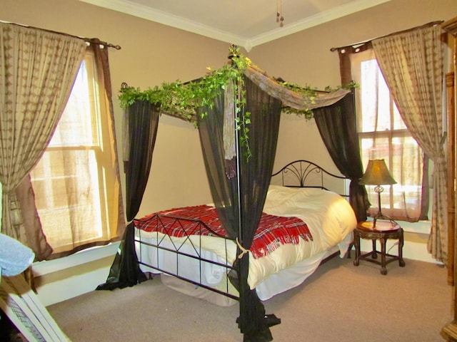 carpeted bedroom featuring multiple windows and crown molding