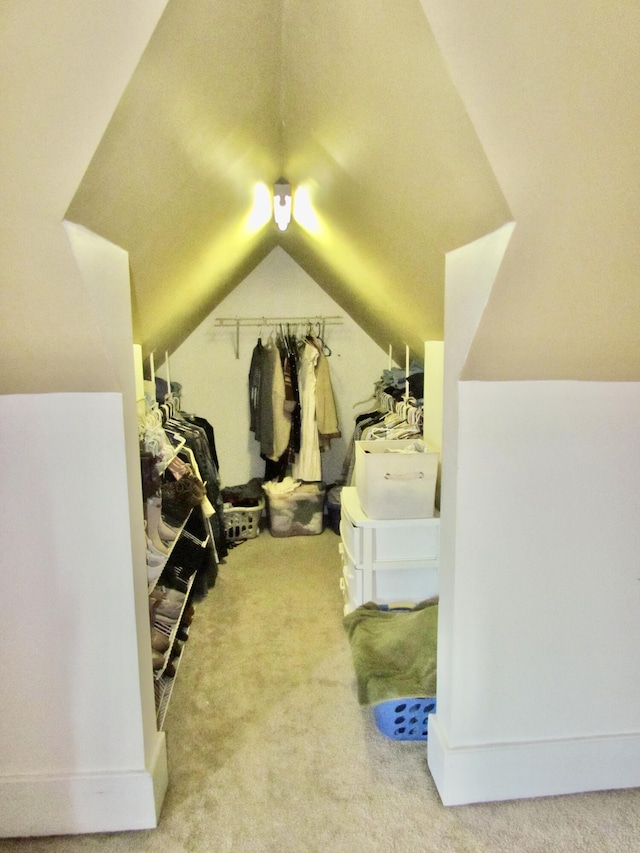 spacious closet featuring vaulted ceiling and carpet floors