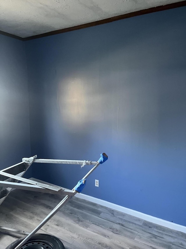 interior space featuring a textured ceiling, ornamental molding, and wood-type flooring