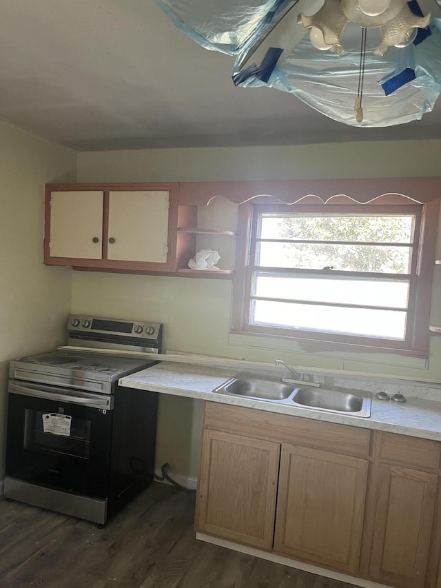 kitchen featuring sink, dark hardwood / wood-style floors, range with electric stovetop, and a healthy amount of sunlight