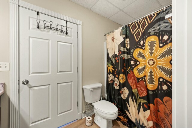 bathroom with a paneled ceiling, hardwood / wood-style floors, and toilet