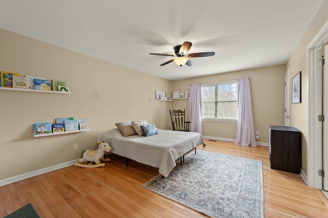 bedroom featuring ceiling fan and light hardwood / wood-style flooring