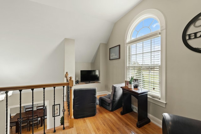 office featuring a wealth of natural light, vaulted ceiling, and hardwood / wood-style flooring