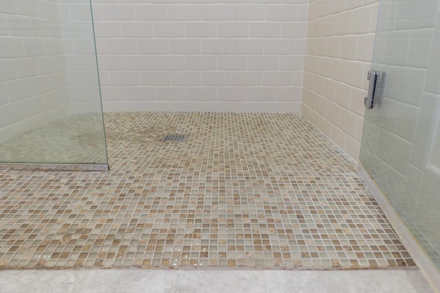 bathroom featuring tile patterned floors and a shower with shower door