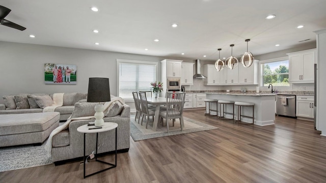 living room featuring wood-type flooring, ceiling fan, and sink