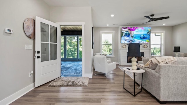 living room featuring ceiling fan, french doors, hardwood / wood-style floors, and plenty of natural light