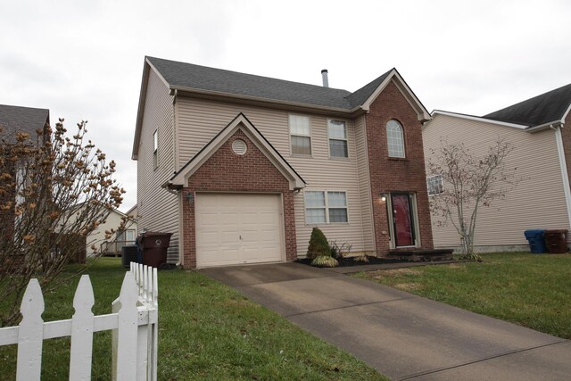 view of front of property featuring cooling unit, a garage, and a front lawn