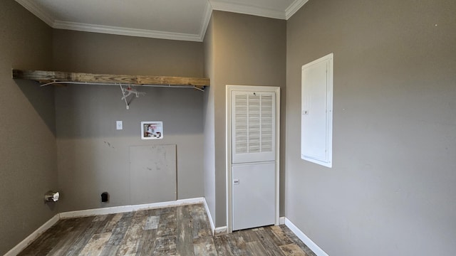 laundry area featuring electric panel, crown molding, hookup for a washing machine, and dark wood-type flooring