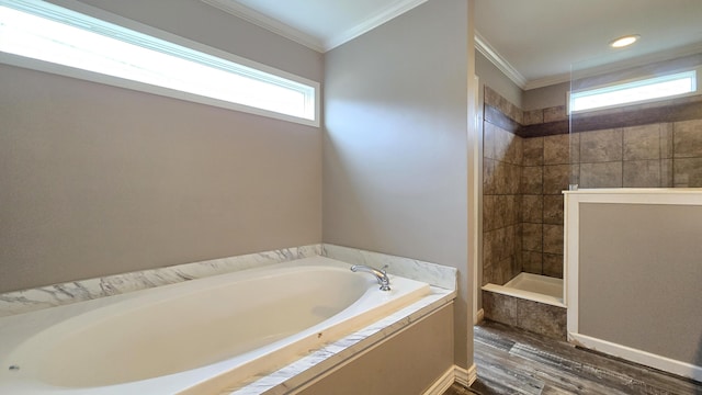 bathroom with shower with separate bathtub, crown molding, and wood-type flooring