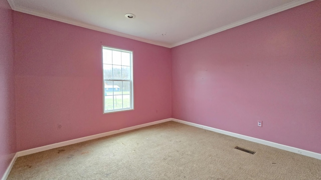 carpeted empty room featuring crown molding