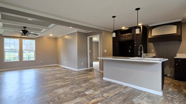 kitchen with ceiling fan, a kitchen island with sink, crown molding, sink, and dark hardwood / wood-style floors