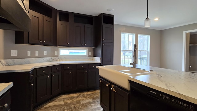 kitchen featuring dishwasher, ornamental molding, decorative light fixtures, and sink