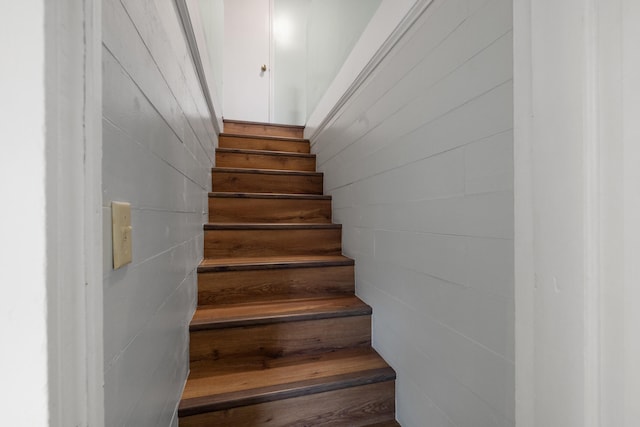 staircase featuring wood walls