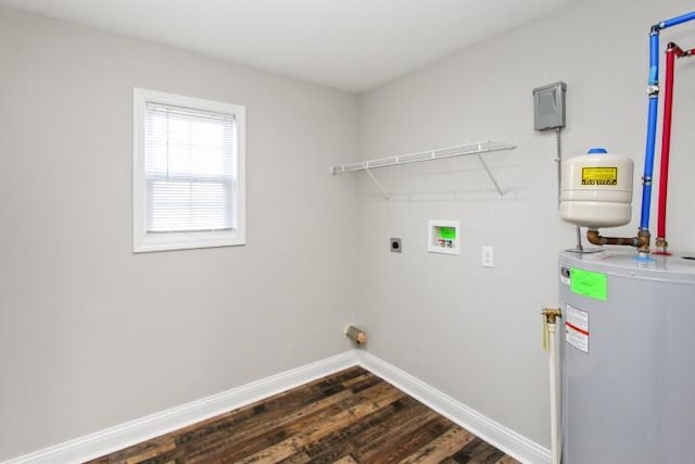 clothes washing area with hookup for a washing machine, dark wood-type flooring, electric dryer hookup, and water heater