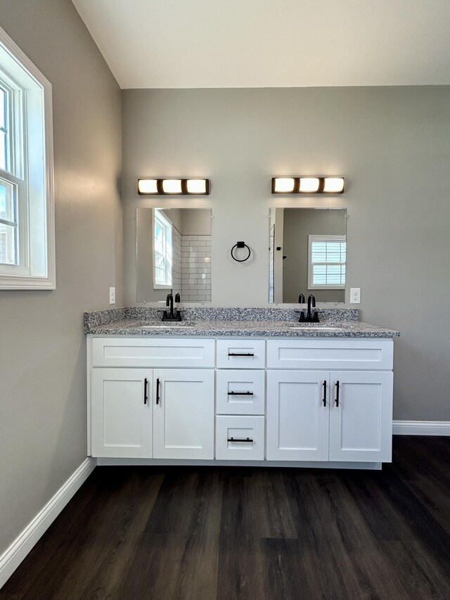 bathroom with a wealth of natural light, hardwood / wood-style floors, and vanity